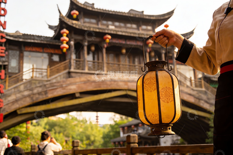 高清大图下载【趣麦麦图】古桥灯笼映衬传统建筑