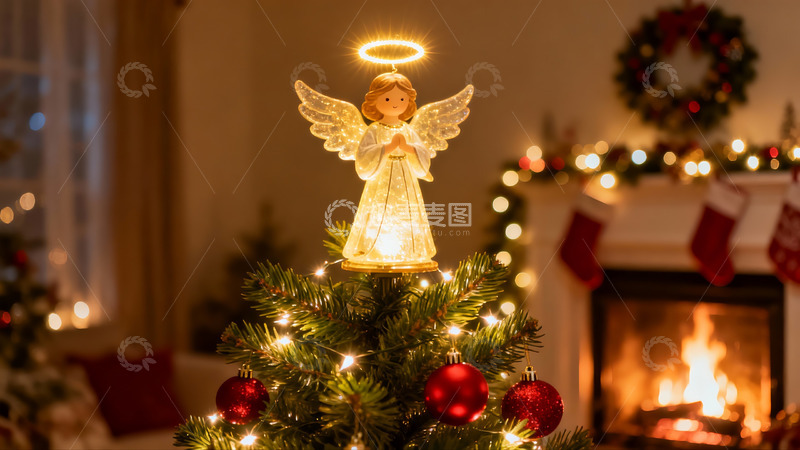 高清大图下载【趣麦麦图】圣诞树顶天使灯饰温馨场景