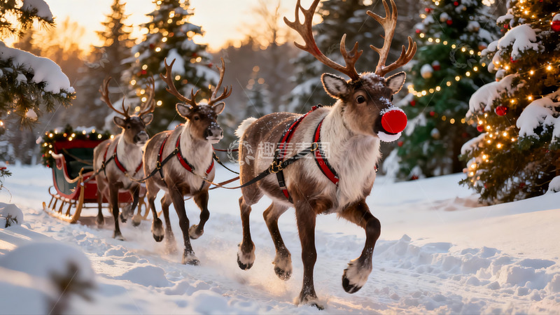 高清大图下载【趣麦麦图】雪地驯鹿拉雪橇圣诞场景