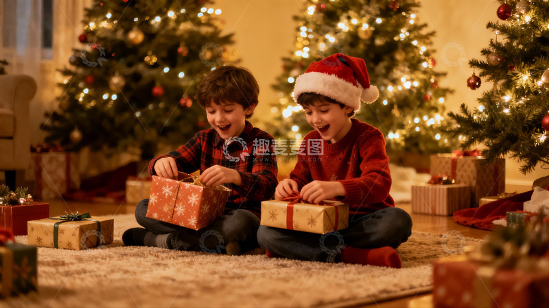 高清大图下载【趣麦麦图】圣诞夜兄弟拆礼物欢乐场景