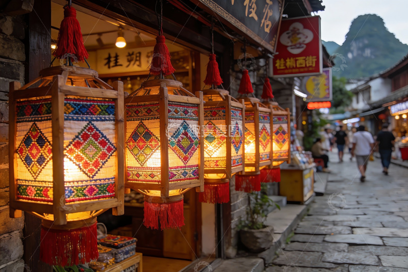 高清大图下载【趣麦麦图】古街灯笼映衬下的热闹街景