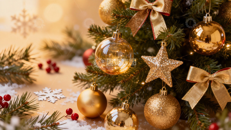 高清大图下载【趣麦麦图】圣诞树装饰特写金色闪耀