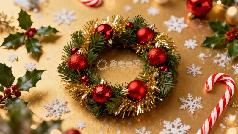 高清大图下载【趣麦麦图】圣诞花环与糖果装饰