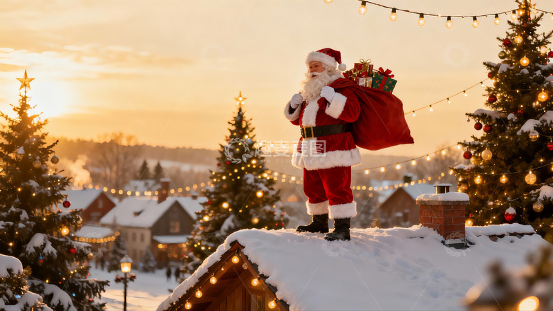 高清大图下载【趣麦麦图】圣诞老人屋顶送礼雪景