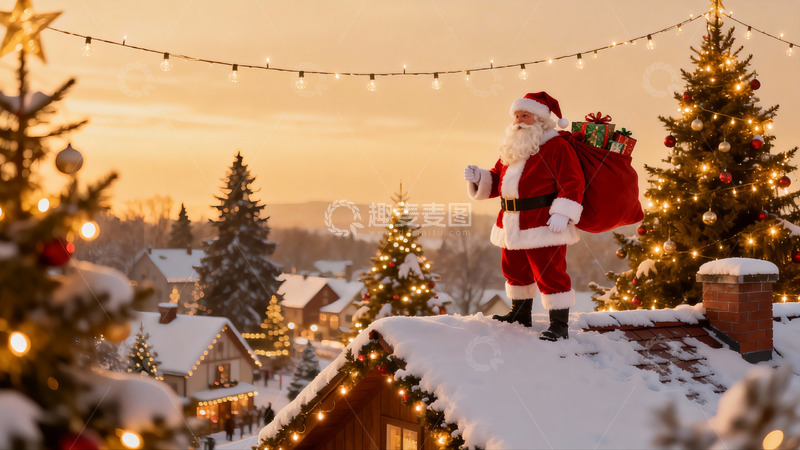 高清大图下载【趣麦麦图】圣诞老人屋顶送礼雪景