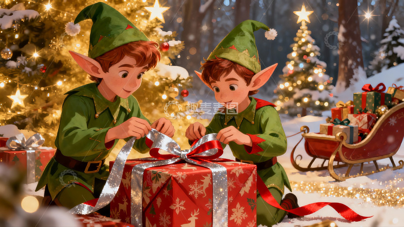 高清大图下载【趣麦麦图】圣诞精灵系礼盒丝带