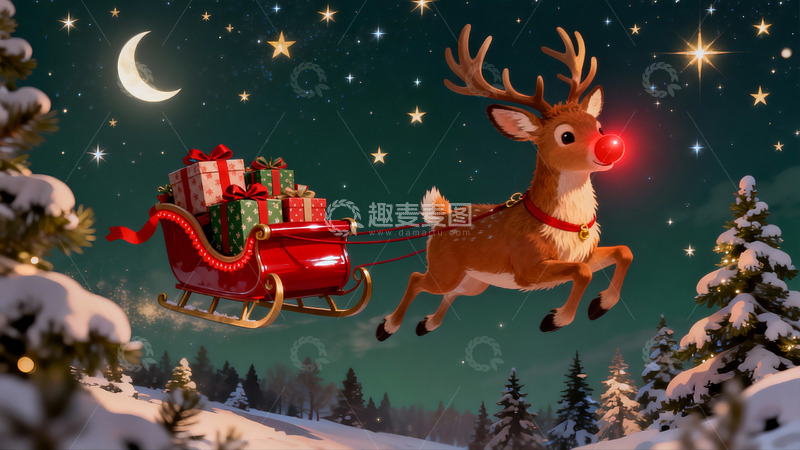 高清大图下载【趣麦麦图】圣诞夜驯鹿拉雪橇飞越雪林