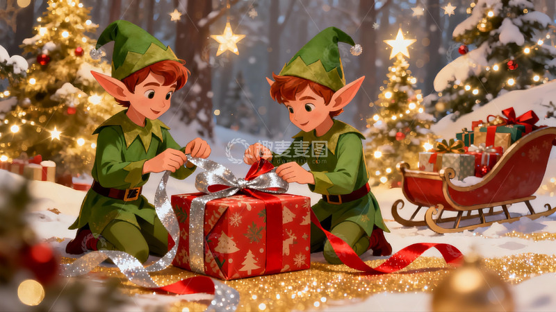 高清大图下载【趣麦麦图】圣诞精灵包装礼物欢乐场景