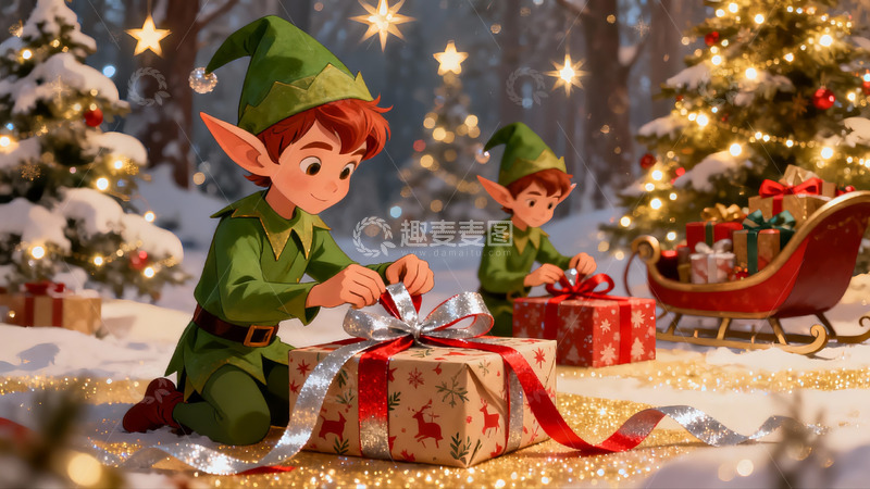 高清大图下载【趣麦麦图】圣诞精灵包装礼物温馨场景