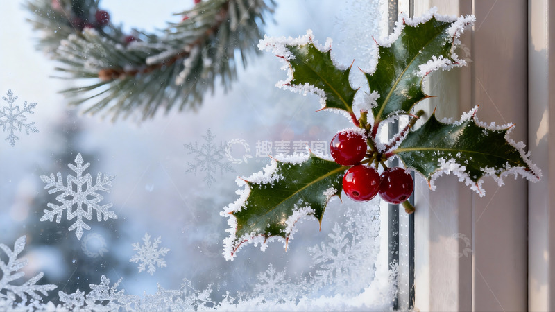 高清大图下载【趣麦麦图】窗边雪覆冬青红果