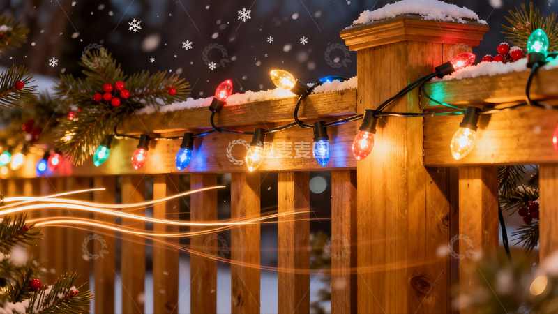 高清大图下载【趣麦麦图】雪夜木栏彩灯闪烁