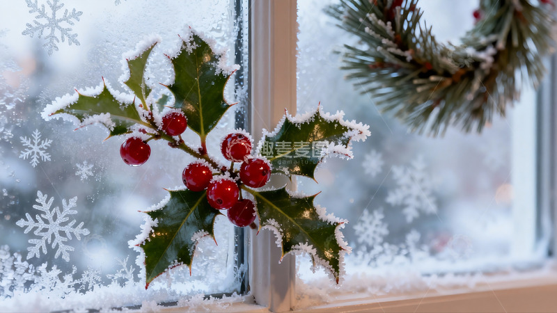 高清大图下载【趣麦麦图】窗前雪覆冬青果实鲜艳