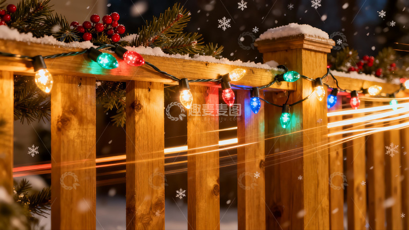 高清大图下载【趣麦麦图】雪夜木栏彩灯闪烁