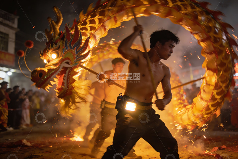 高清大图下载【趣麦麦图】舞龙表演火花四溅