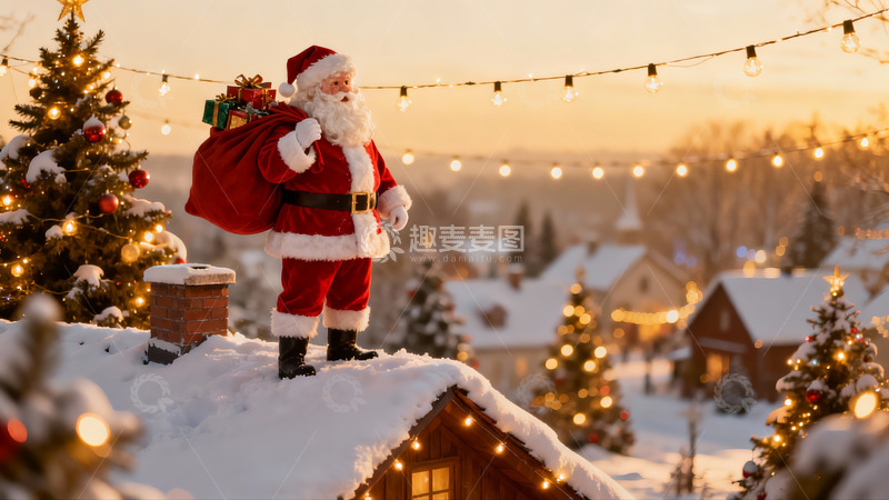 高清大图下载【趣麦麦图】圣诞老人雪夜屋顶送礼