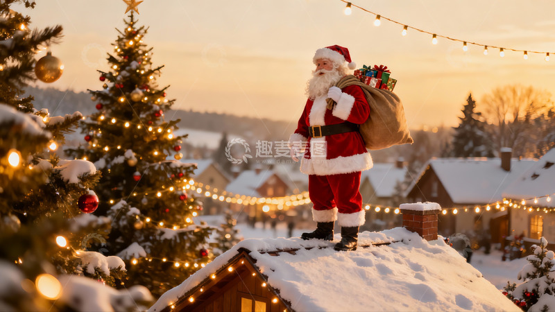 高清大图下载【趣麦麦图】圣诞老人雪夜屋顶送礼