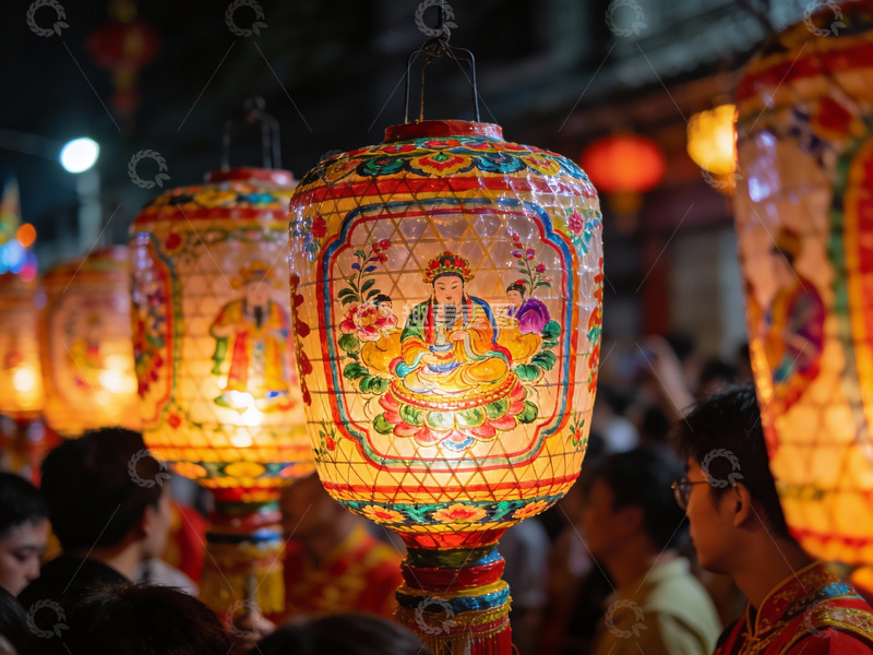 高清大图下载【趣麦麦图】夜市彩灯映衬人群热闹场景