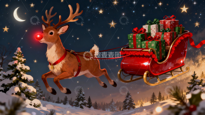 高清大图下载【趣麦麦图】圣诞夜驯鹿拉雪橇飞越雪林