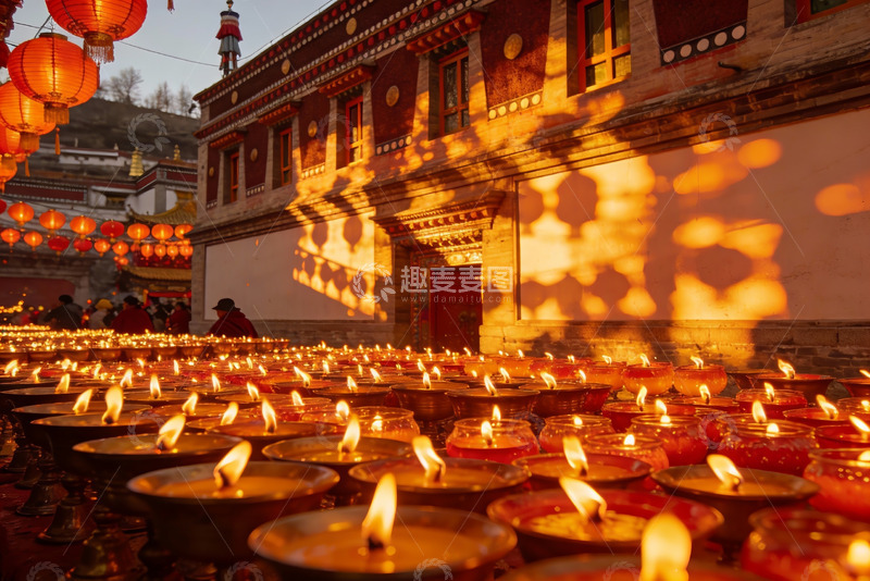 高清大图下载【趣麦麦图】寺庙前烛光祈福夜景