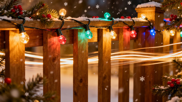 雪夜木栏彩灯与松枝