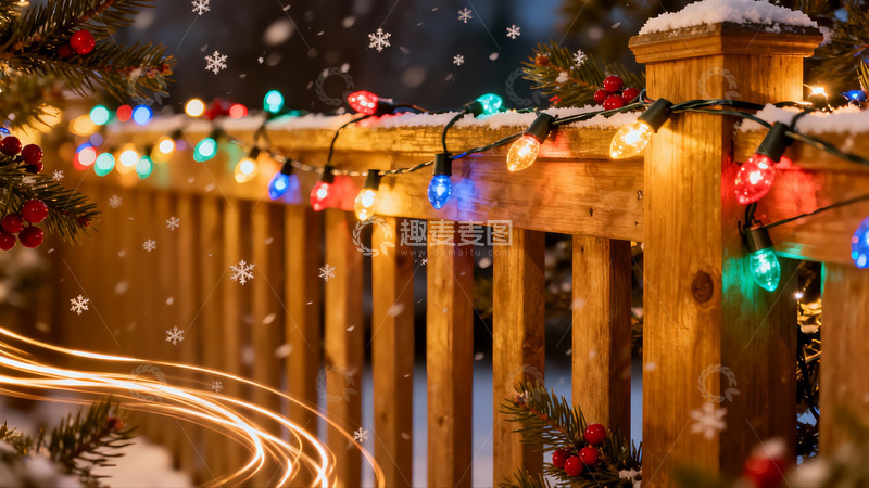 高清大图下载【趣麦麦图】雪夜木栏彩灯闪烁