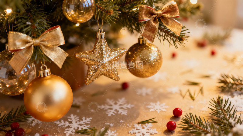 高清大图下载【趣麦麦图】圣诞树装饰特写金色饰品