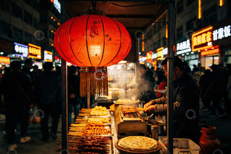 高清大图下载【趣麦麦图】夜市摊位红灯笼美食诱人
