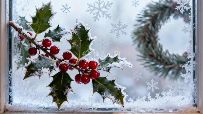 高清大图下载【趣麦麦图】窗前雪覆冬青与松环