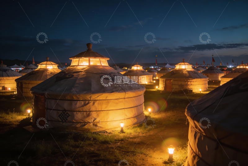 高清大图下载【趣麦麦图】夜幕下的蒙古包群落