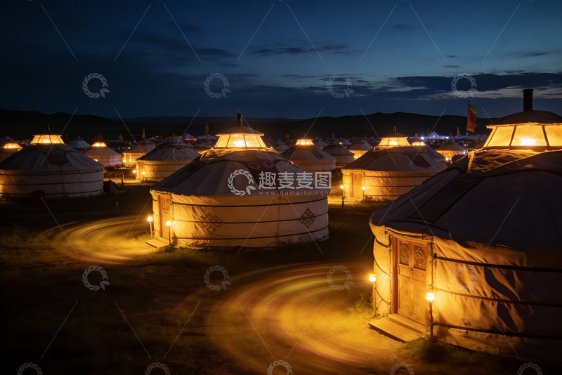 高清大图下载【趣麦麦图】夜幕下的蒙古包群落