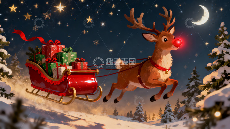 高清大图下载【趣麦麦图】圣诞夜驯鹿拉雪橇飞越雪林