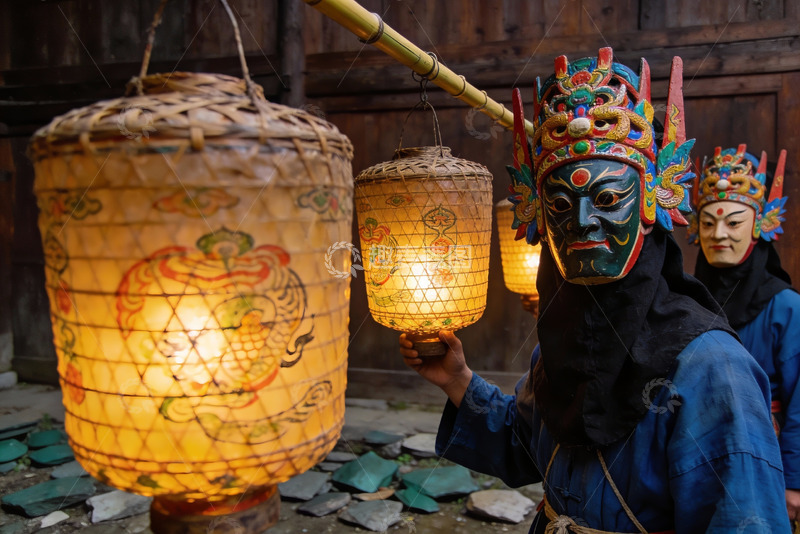 高清大图下载【趣麦麦图】传统面具与灯笼的民俗场景