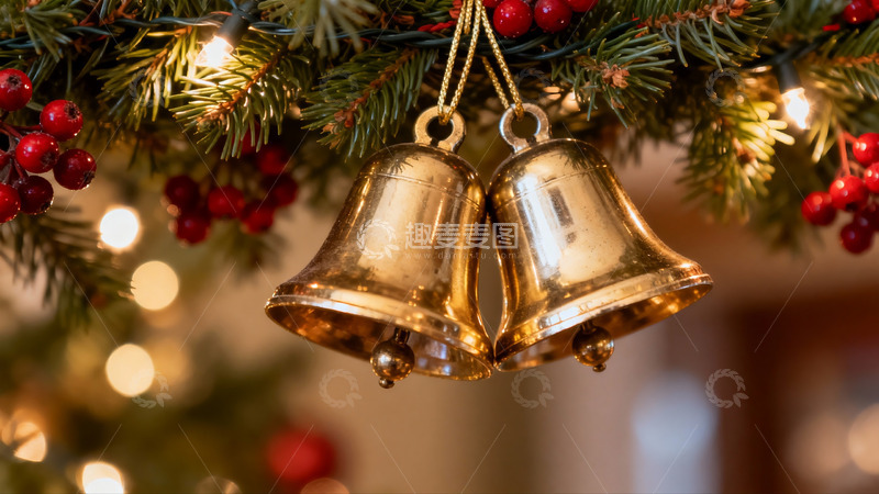 高清大图下载【趣麦麦图】圣诞树上的金色铃铛装饰