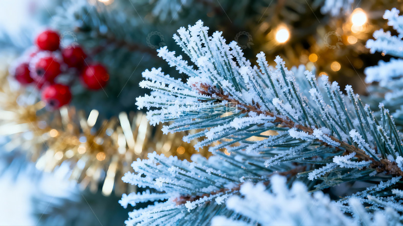 高清大图下载【趣麦麦图】雪覆松枝红果点缀节日氛围