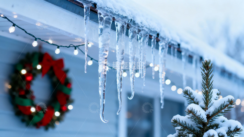 高清大图下载【趣麦麦图】雪景屋檐冰挂与圣诞装饰