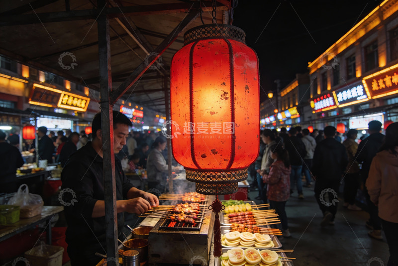 高清大图下载【趣麦麦图】夜市摊位红灯笼下烧烤热闹