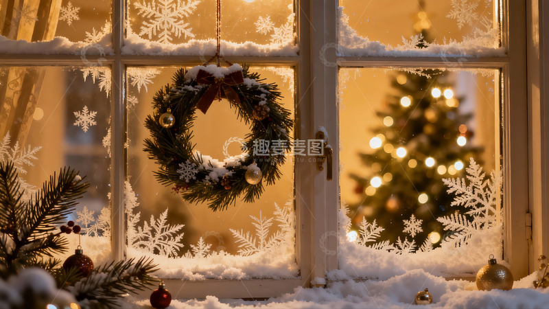高清大图下载【趣麦麦图】窗前圣诞花环与雪景
