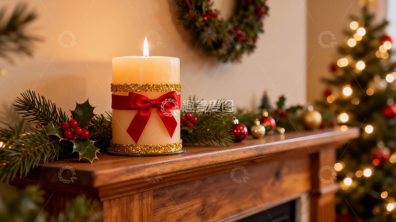 高清大图下载【趣麦麦图】圣诞壁炉上的蜡烛与装饰