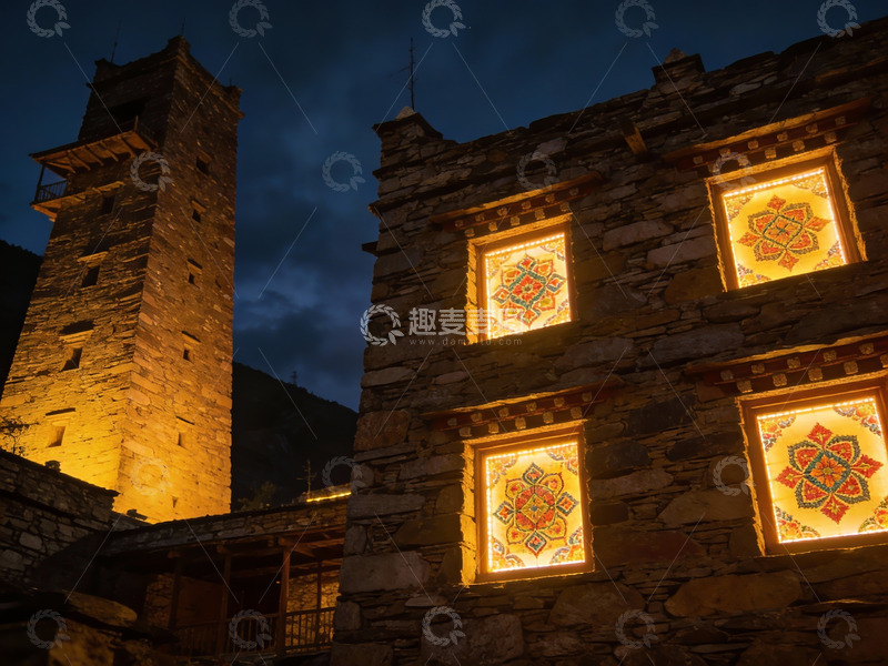 高清大图下载【趣麦麦图】夜色中石砌建筑与彩窗