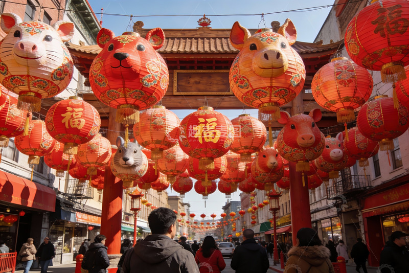高清大图下载【趣麦麦图】春节街头挂满生肖灯笼