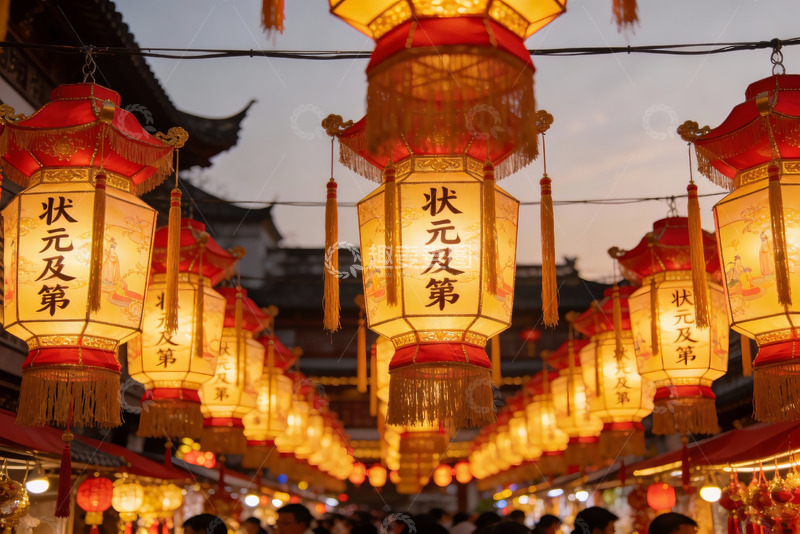 高清大图下载【趣麦麦图】夜市灯笼高挂人群熙攘