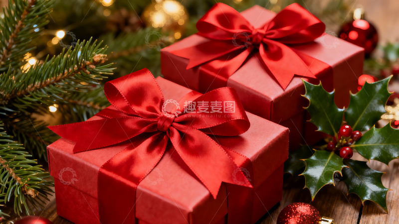 高清大图下载【趣麦麦图】圣诞红礼盒与绿枝装饰