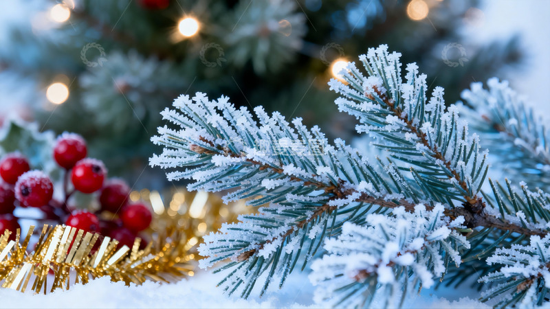 高清大图下载【趣麦麦图】雪覆松枝与圣诞装饰