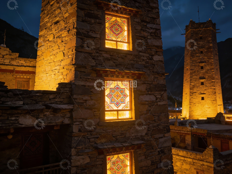 高清大图下载【趣麦麦图】夜色中石砌建筑的彩色窗户