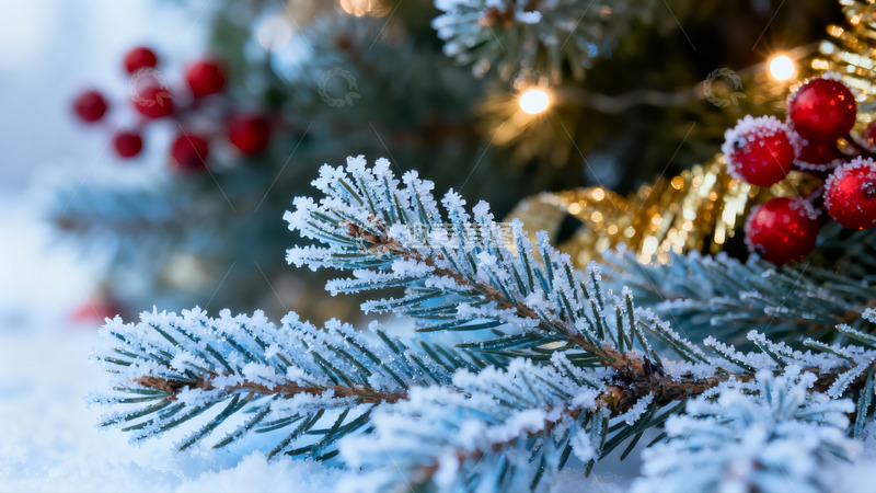 高清大图下载【趣麦麦图】雪覆松枝红果点缀圣诞氛围