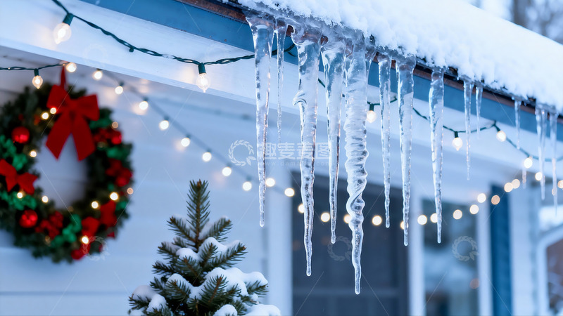 高清大图下载【趣麦麦图】雪景门廊冰挂与圣诞装饰