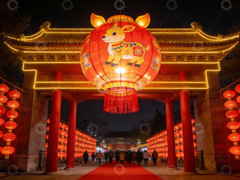 高清大图下载【趣麦麦图】夜景中式牌坊挂彩灯