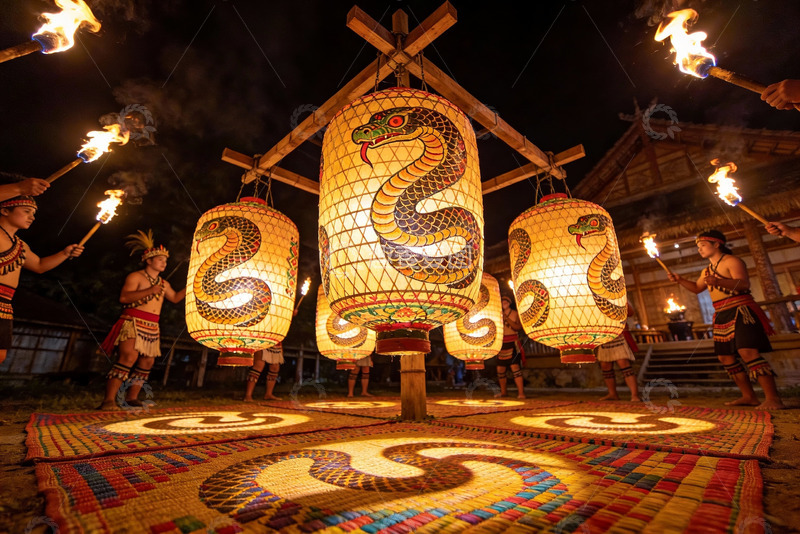 高清大图下载【趣麦麦图】夜幕下蛇形灯笼与火把表演