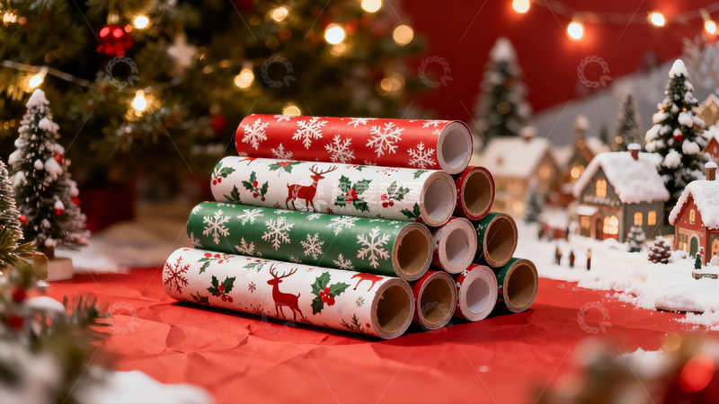 高清大图下载【趣麦麦图】圣诞包装纸堆叠节日场景