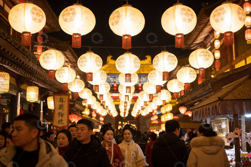 高清大图下载【趣麦麦图】夜市灯笼高挂人群熙攘